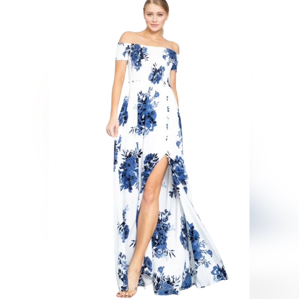 Aakaa Off Shoulder Navy Floral Print